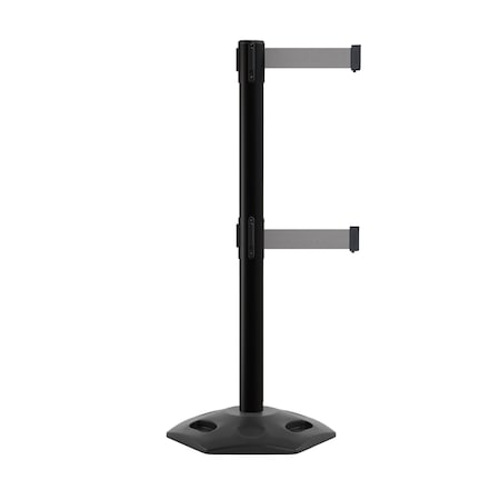 Montour Line Stanchion Dual Belt Barr. Rubber Base Black Post 9ft.Lt Gry Belt P400DRB-BK-LGY-90